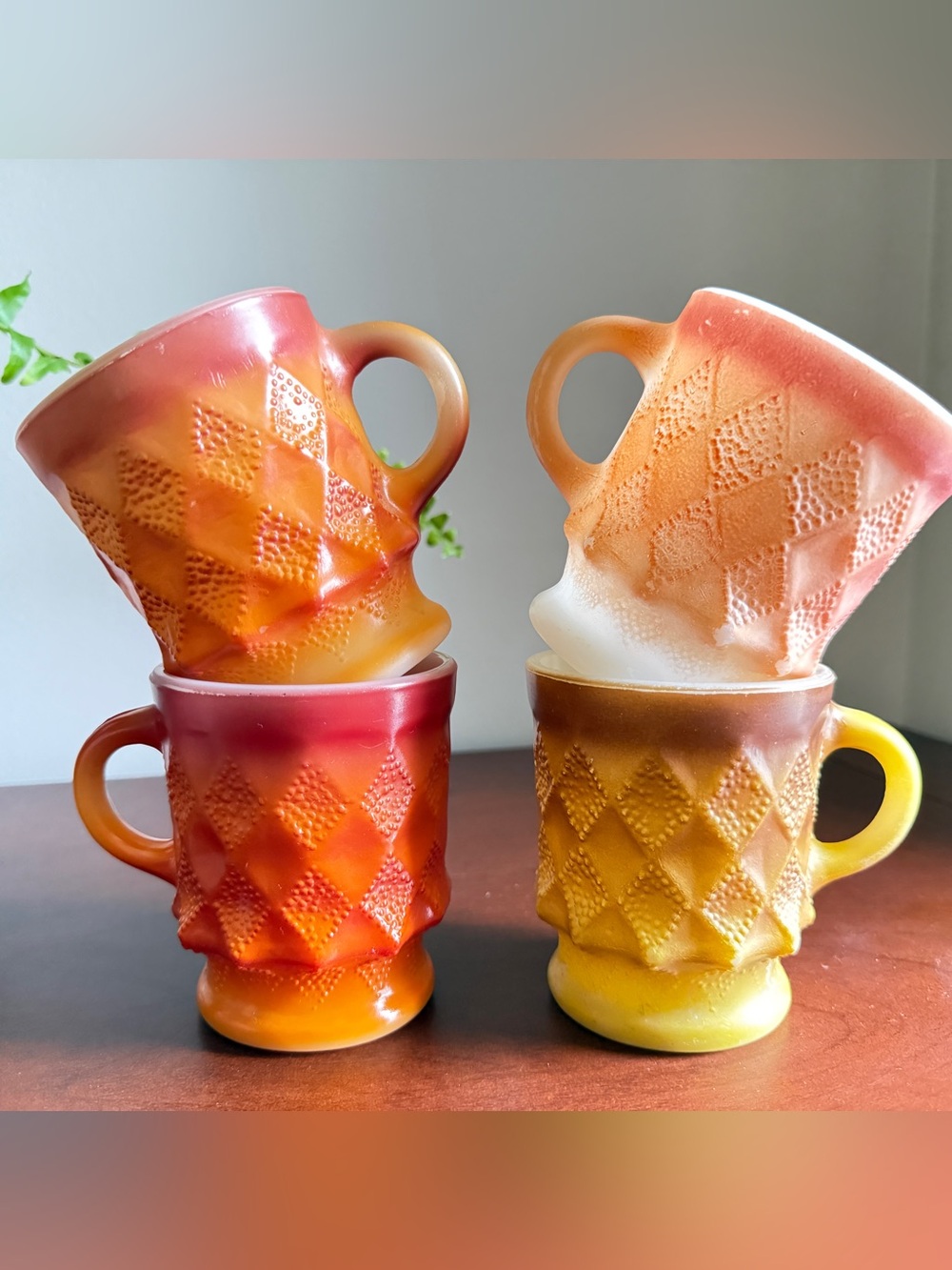 MCM Anchor Hocking Fire-King Kimberly Diamond Mugs Set of 4 - Ombre Fall Colors